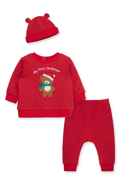 Little Me Baby Boys Or Baby Girls Holiday Bear T-shirt, Pant And Hat Set In Red