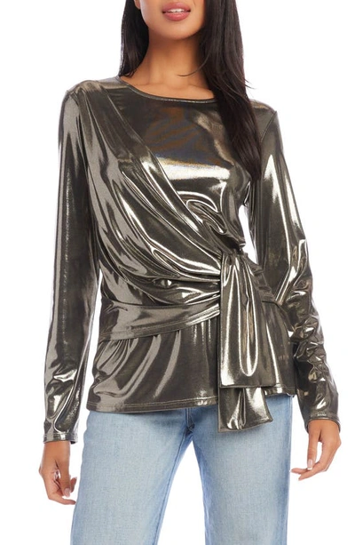 Karen Kane Draped Foil Side Tie Blouse In Metallic