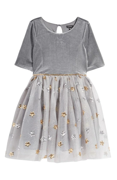 Zunie Kids' Velvet & Tulle Party Dress In Charcoal/ Champagne