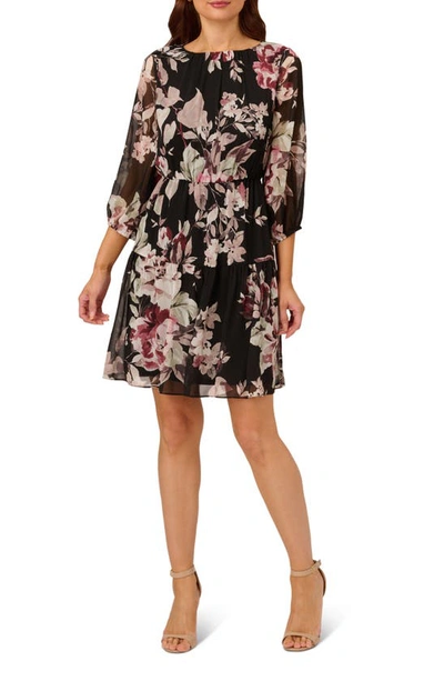Adrianna Papell Floral Tiered Chiffon Dress In Black Multi
