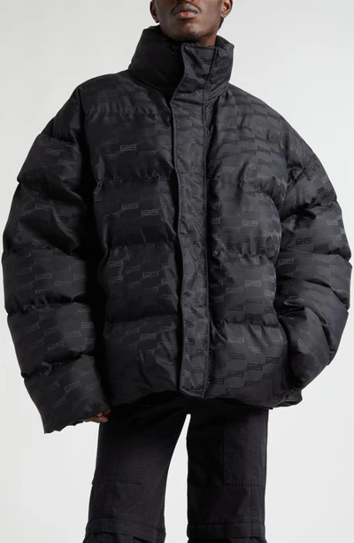 Balenciaga Bb Monogram Nylon Puffer Coat In Black