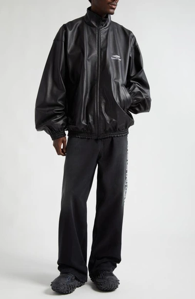 Balenciaga 3b Logo Oversize Leather Track Jacket In Black