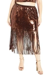 City Chic Savanna Sequin Fringe Skirt In Brown