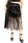 City Chic Savanna Sequin Fringe Skirt In Black