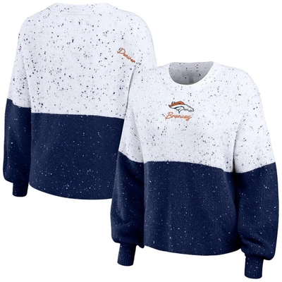 Wear By Erin Andrews White/navy Denver Broncos Lighweight Modest Crop Color-block Pullover Sweater In White,navy