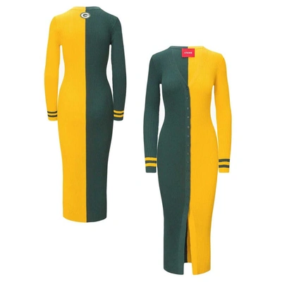 Staud Women's  Green, Gold Green Bay Packers Shoko Knit Button-up Sweater Dress In Green,gold