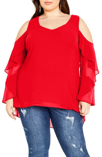 City Chic Cold Shoulder High-low Top In Love Red