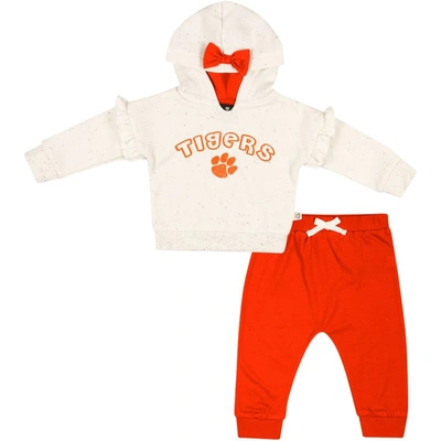 Colosseum Babies' Girls Newborn And Infant  Natural, Orange Clemson Tigers Pullover Hoodie And Fleece Trousers S In Natural,orange