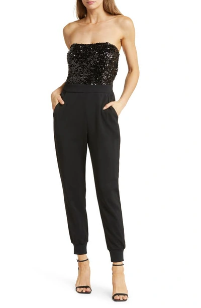 Melloday Strapless Sequin Tapered Leg Jumpsuit In Black