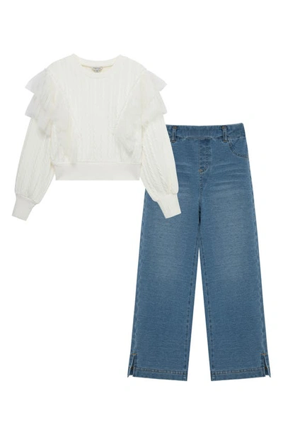 Habitual Kids' Cable Knit Sweater & Jeans Set In Off White