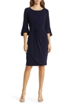 Connected Apparel Faux Wrap Bell Sleeve Jersey Cocktail Dress In Navy