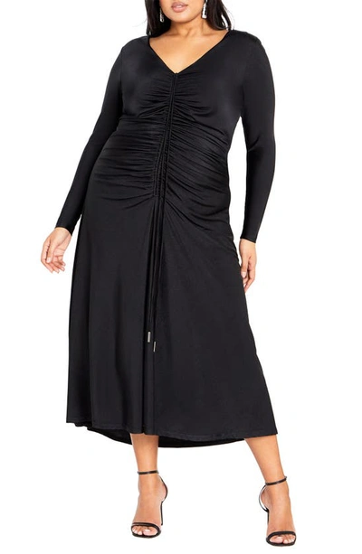 City Chic Avah Long Sleeve Ruched Dress In Black
