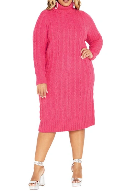 City Chic Kenzi Cable Knit Turtleneck Sweater Dress In Vibrant Pink