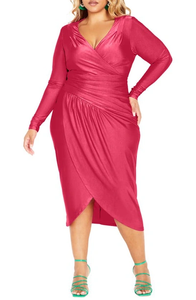 City Chic Marissa Ruched Long Sleeve Midi Dress In Vibrant Pink