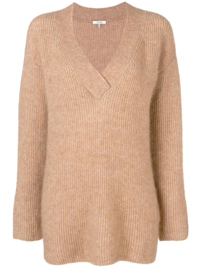 Ganni Ribbed V-neck Sweater In Neutrals