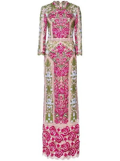 Marchesa Notte Embroidered Floral Dress In Pink