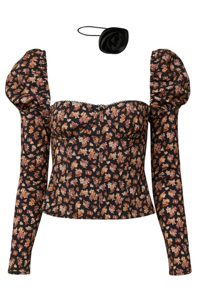 Weworewhat Floral Print Long Sleeve Corset Top With Flower Choker In Black Multi