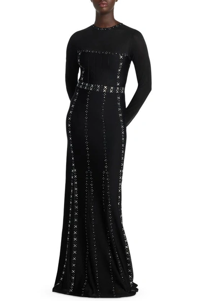 St John Long Sleeve Embellished Gown In Black