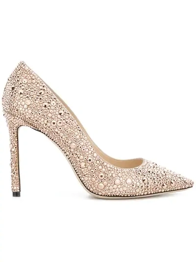 Jimmy Choo Romy 85mm Satin Pumps With Hotfix Crystals In Metallic