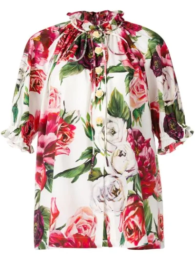 Dolce & Gabbana Peony Print Mandarin Collar Shirt In Pink