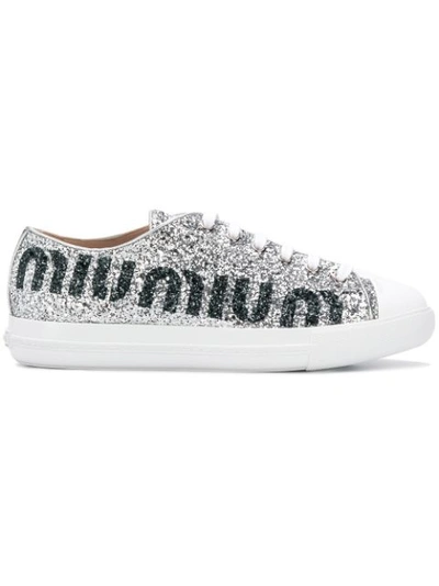 Miu Miu Logo-print Glittered Leather Sneakers In Silver