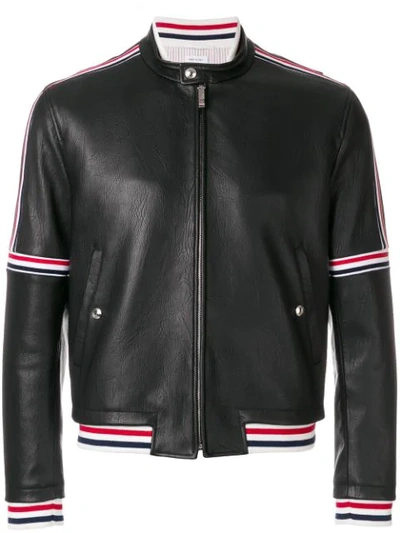 Thom Browne Elastic Stripe Seamed Leather Jacket In Black