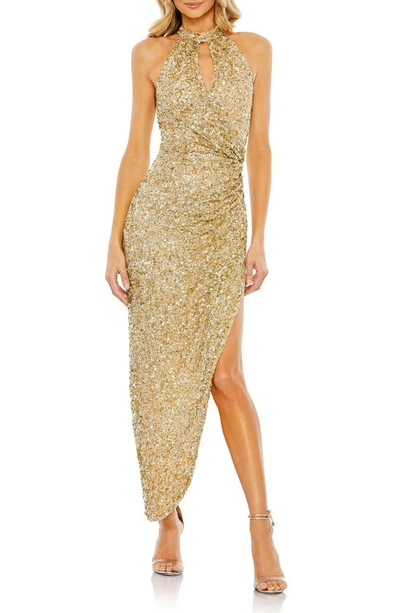 Mac Duggal Sequin Keyhole Ruched Asymmetric Gown In Gold
