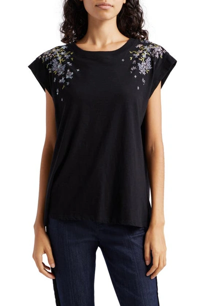 Cinq À Sept Bella Floral Embroidery Cap Sleeve T-shirt In Black Multi