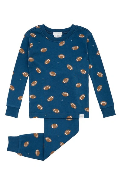 Petit Lem Babies' Football Print Fitted Organic Cotton Two-piece Pajamas In Double Blue Dark