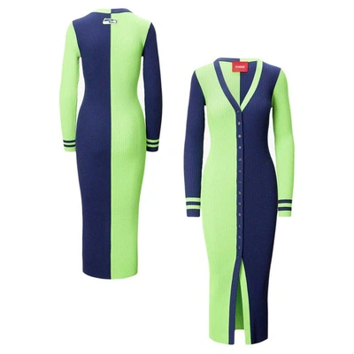 Staud Women's  Neon Green, Navy Seattle Seahawks Shoko Knit Button-up Sweater Dress In Neon Green,navy