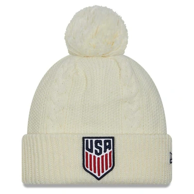 New Era White Usmnt Cabled Cuffed Knit Hat With Pom