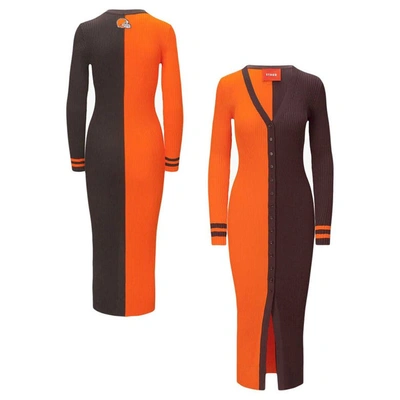 Staud Women's  Orange, Brown Cleveland Browns Shoko Knit Button-up Sweater Dress In Orange,brown