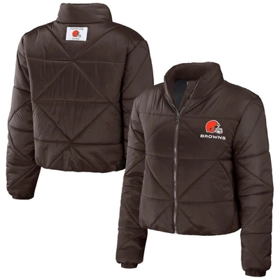 Wear By Erin Andrews Brown Cleveland Browns Cropped Puffer Full-zip Jacket