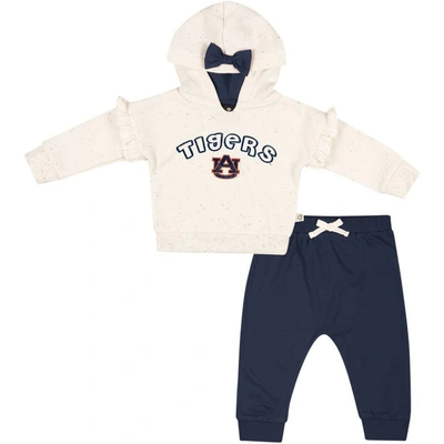 Colosseum Babies' Girls Newborn And Infant  Natural, Navy Auburn Tigers Pullover Hoodie And Fleece Pants Set In Natural,navy