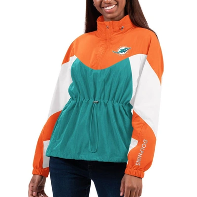 G-iii 4her By Carl Banks Women's  Aqua, Orange Miami Dolphins Tie Breaker Lightweight Quarter-zip Jac In Aqua,orange