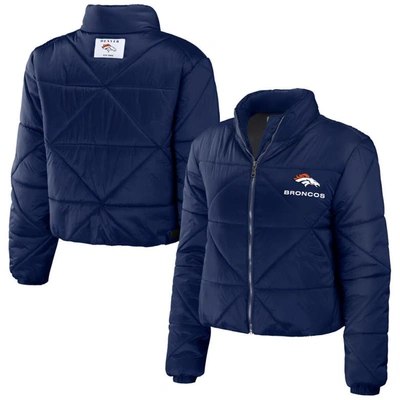 Wear By Erin Andrews Navy Denver Broncos Cropped Puffer Full-zip Jacket