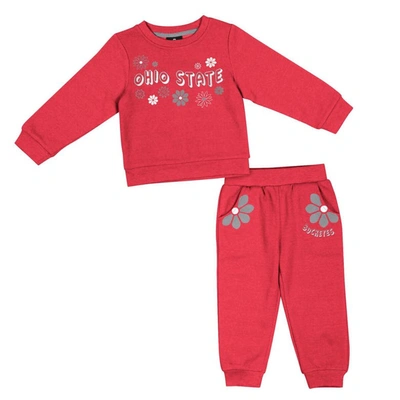 Colosseum Babies' Girls Toddler  Scarlet Ohio State Buckeyes Flower Power Fleece Pullover Sweatshirt And Trouser