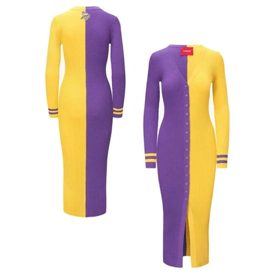 Staud Women's  Purple, Gold Minnesota Vikings Shoko Knit Button-up Sweater Dress In Purple,gold