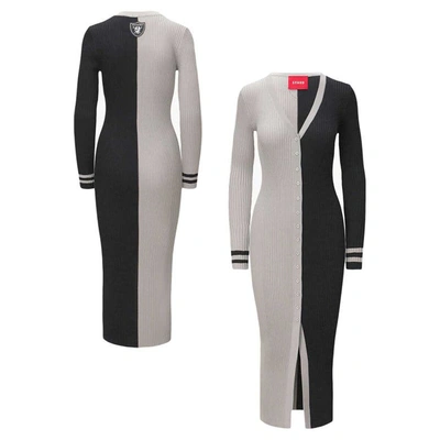 Staud Women's  Silver, Black Las Vegas Raiders Shoko Knit Button-up Sweater Dress In Silver,black