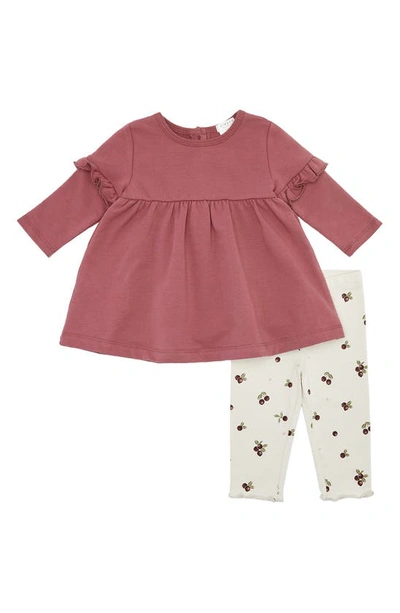 Firsts By Petit Lem Babies' Organic Cotton Blend Long Sleeve Dress & Cranberry Print Leggings Set In Plum