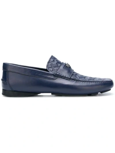 Versace Grecca Embossed Loafers In Blue