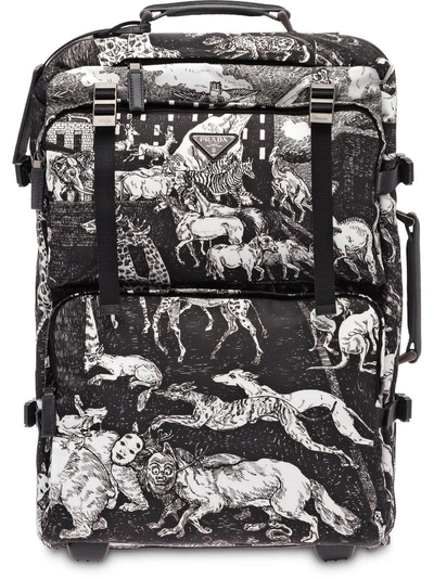 Prada Saffiano Leather Printed Trolley - Black
