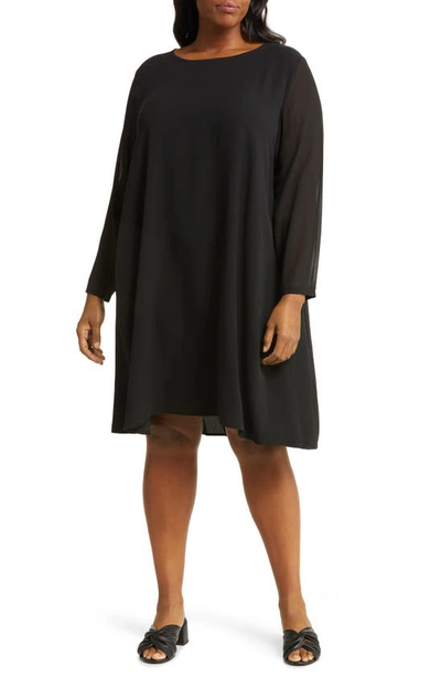 Eileen Fisher Sheer Long Sleeve Silk Georgetter Dress In Black