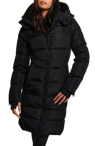 Sam. Savannah Water Resistant Quilted Down Coat With Genuine Shearling Hood Lining In Matte Black