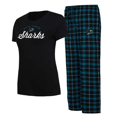 Concepts Sport Women's  Black, Teal San Jose Sharks Arctic T-shirt And Pajama Pants Sleep Set In Black,teal