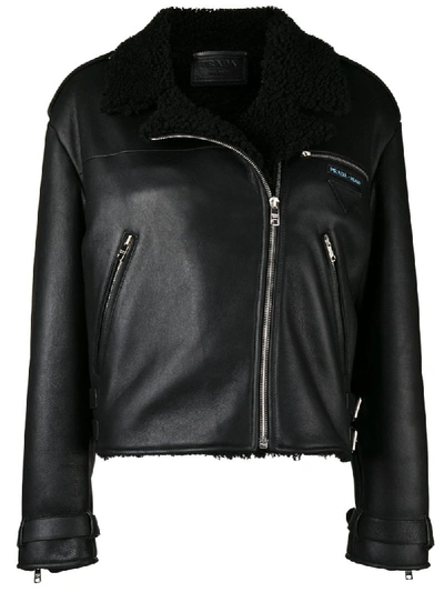 Prada Cropped Leather Biker Jacket With Zipper In Black