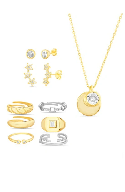 Nes Jewelry Set Of 9 Stud Earrings, Rings & Necklace In Gold