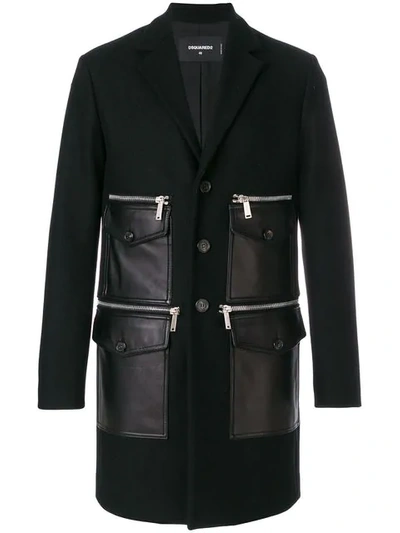 Dsquared2 Leather Pocket Coat In Black