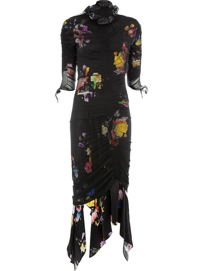 Preen By Thornton Bregazzi Floral Print Ruche Detail Dress In Black