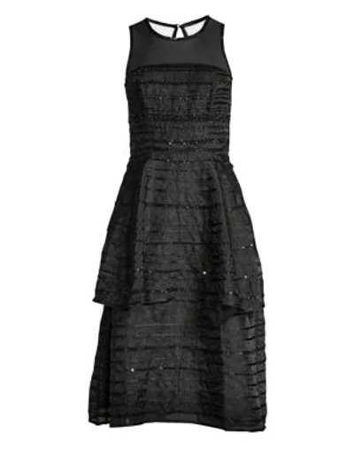 Parker Black Avril Sleeveless Sequin-stripe Tiered Midi Cocktail Dress In Black